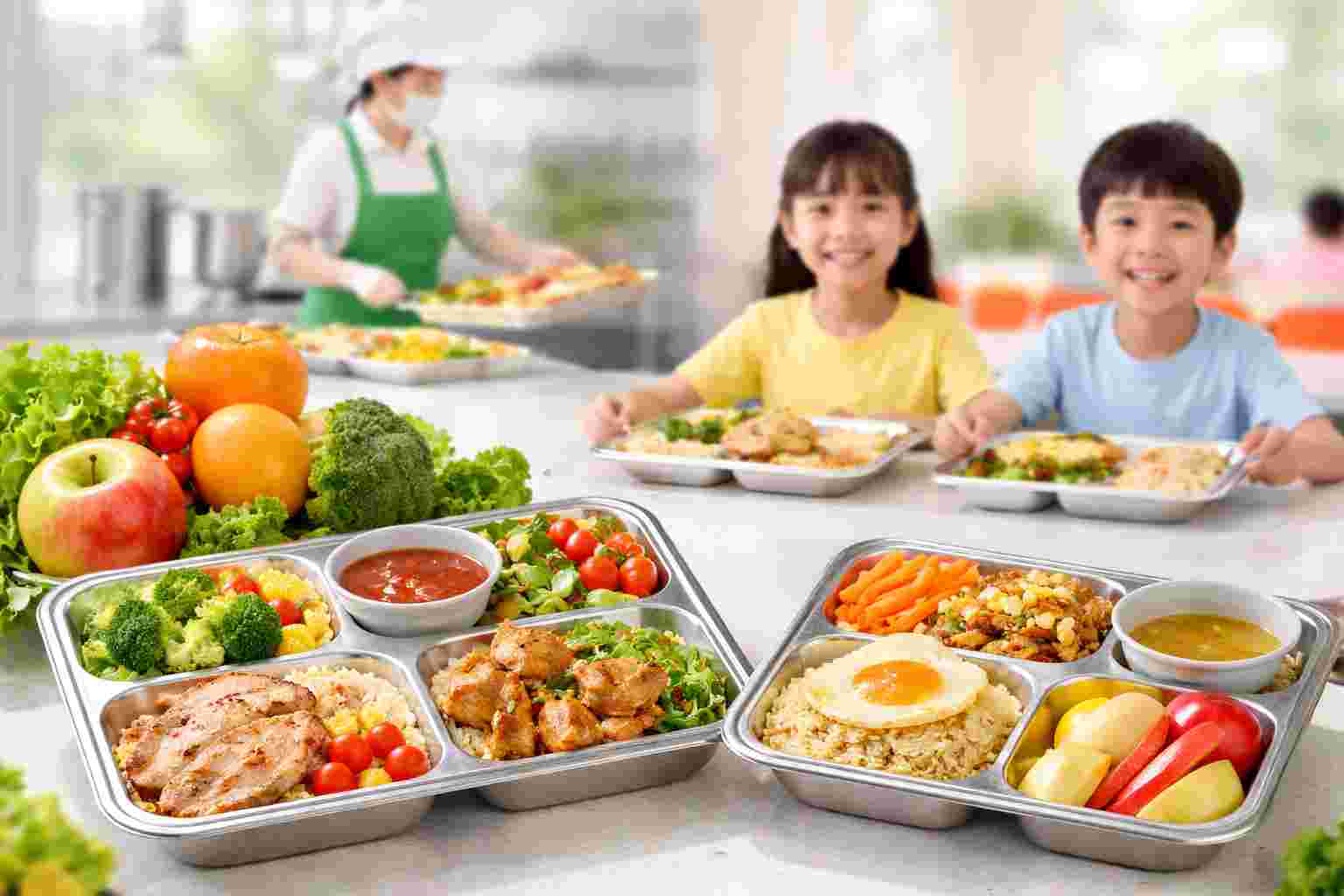 Tạo banner cho web, kích thước 1200x800, phong cách hiện đại, không có chữ trong hình: SUẤT ĂN CÔNG NGHIỆP CHO TRƯỜNG HỌC Suất ăn công nghiệp cho trường học, Đơn vị cung cấp suất ăn công nghiệp trường học uy tín tại Biên Hòa - Đồng Nai.